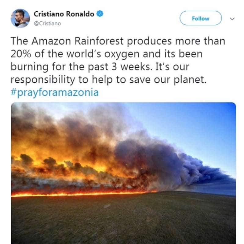 il post di cristiano ronaldo sui roghi in amazzonia
