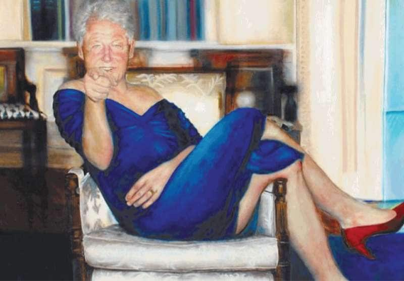 IL QUADRO CHE RITRAE BILL CLINTON VESTITO DA DONNA TROVATO A CASA DI EPSTEIN - OPERA DI PETRINA RYAN KLEID